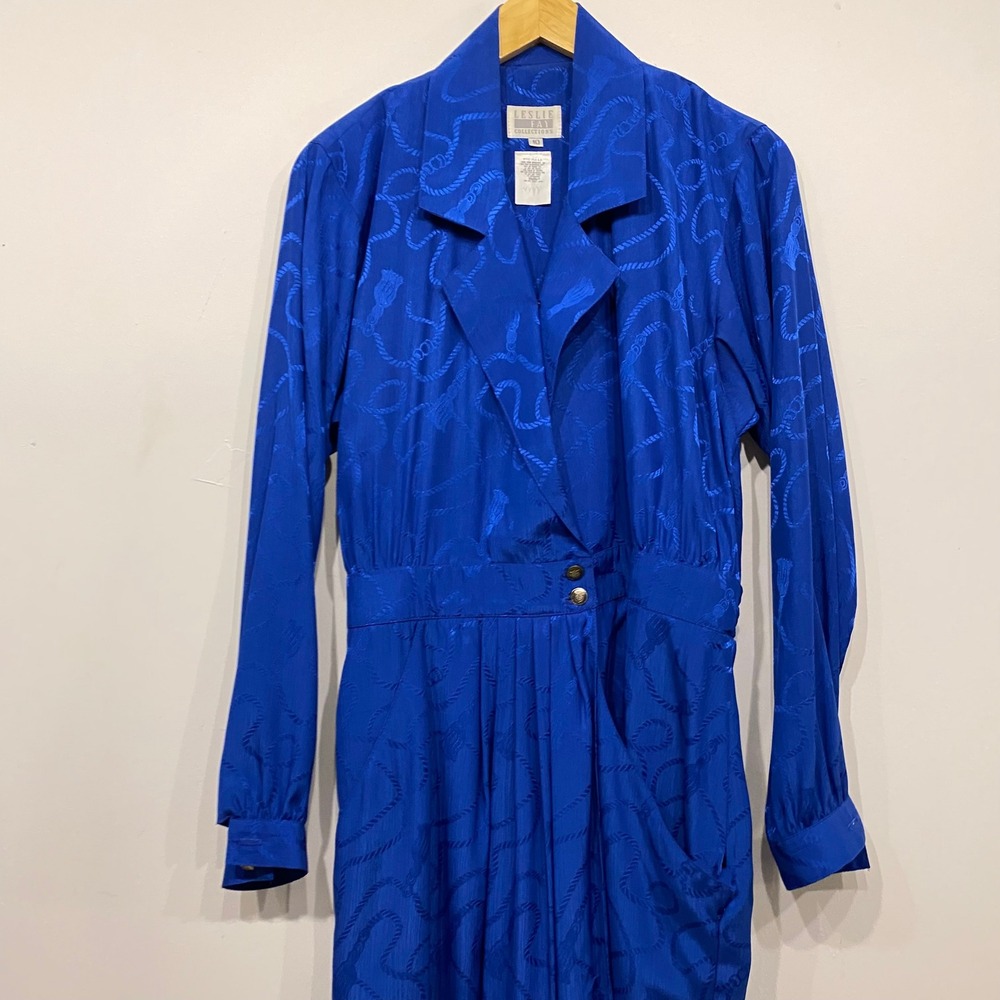 Vintage Leslie Fay Royal Blue Jacquard Tassel Midi Dress Long Sleeve Size 10 - Picture 5 of 7